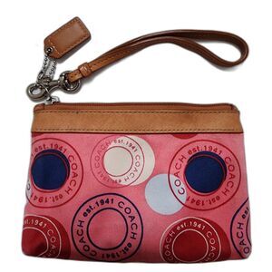 Coach Leah Polka Dot Passport Stamp Wristlet Pink Red Tan